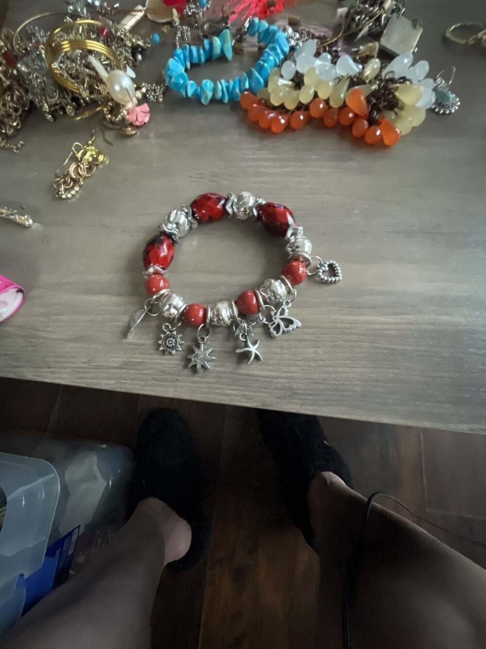 Unbranded Red Bead Charm Bracelet With Silver Charms